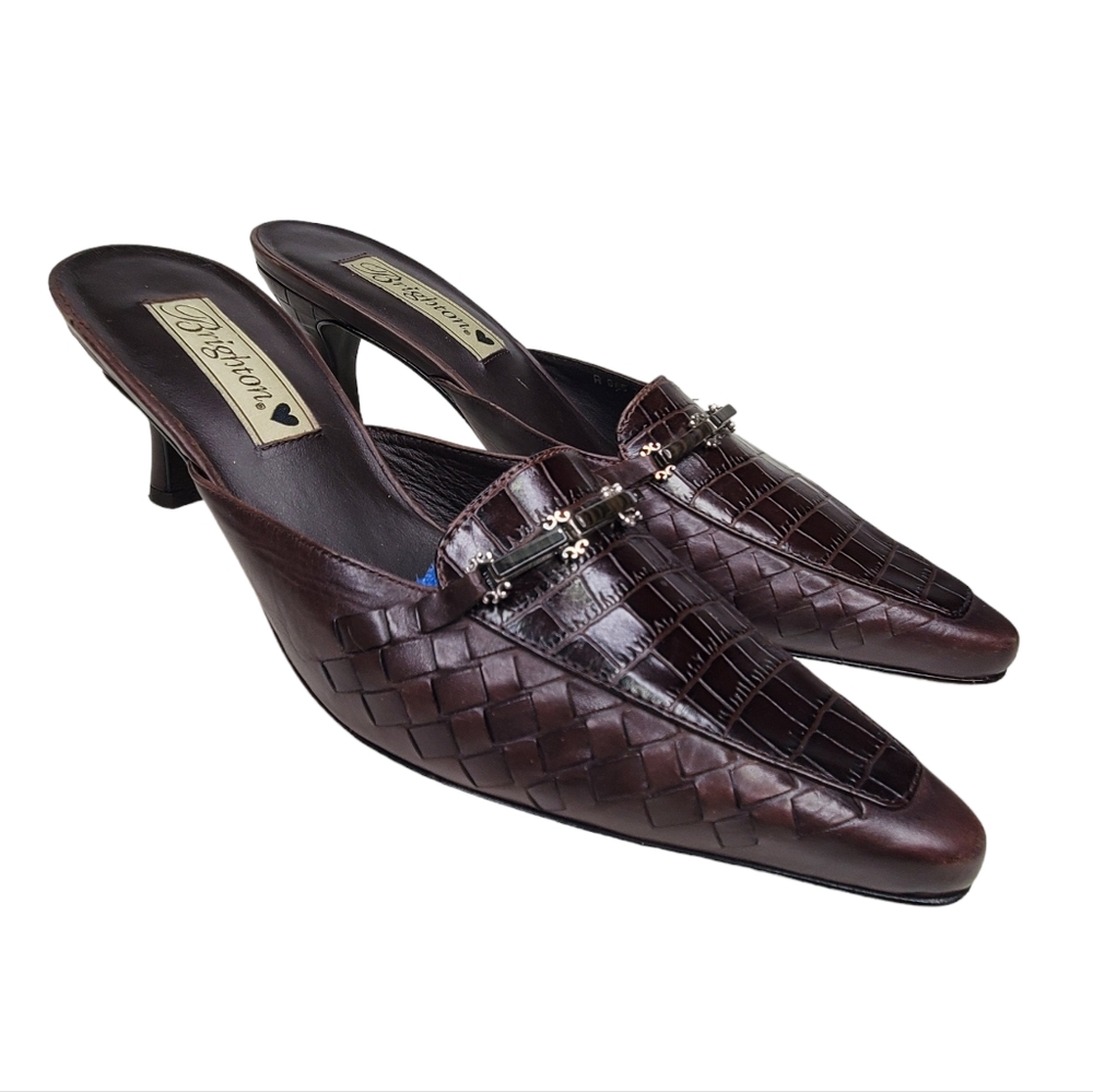 BRIGHTON  Pamela Brown Croc Embossed Leather Mules Heels Sz 7